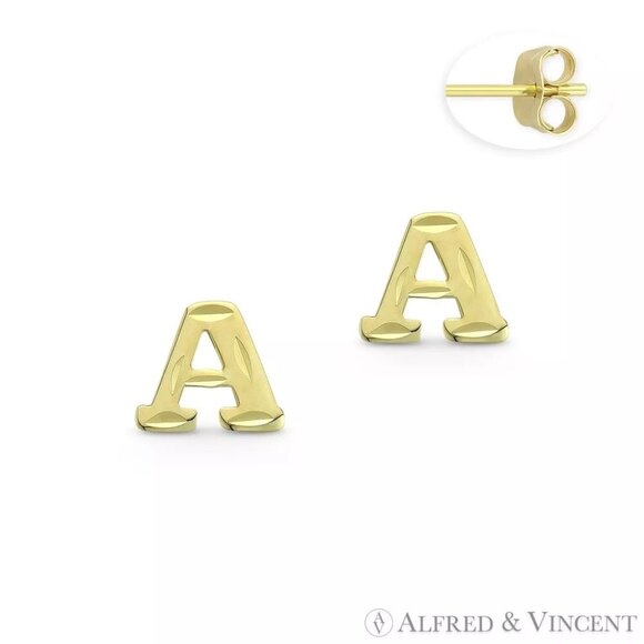 Initial Letter "A" Stud Earrings with Push-Back Posts in 14k Yellow Gold - Picture 1 of 1